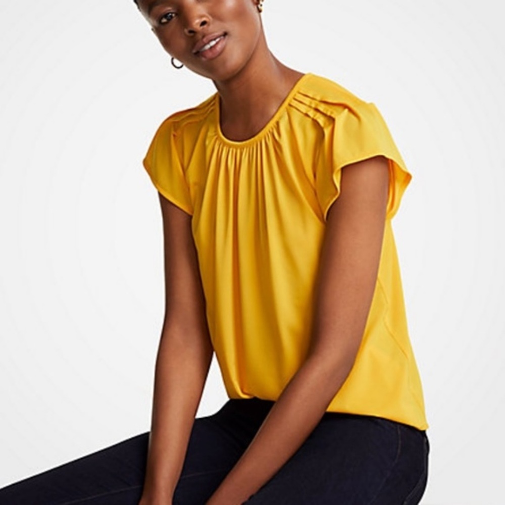 Ann Taylor Pintucked Flutter Sleeve top Yellow